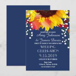 Navy Blue Rustic Sunflower Wedding Invitations Kaart