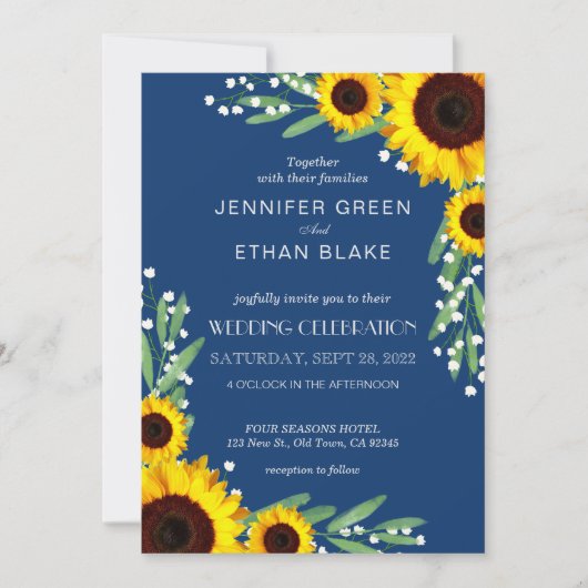 Navy Blue Rustic Sunflower Wedding Invitations Kaart (Voorkant)