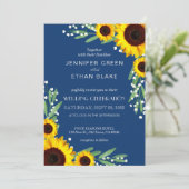 Navy Blue Rustic Sunflower Wedding Invitations Kaart (Staand voorkant)