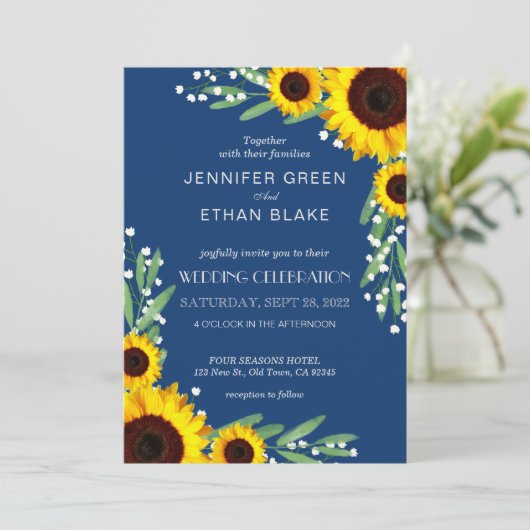 Navy Blue Rustic Sunflower Wedding Invitations Kaart (Staand voorkant)