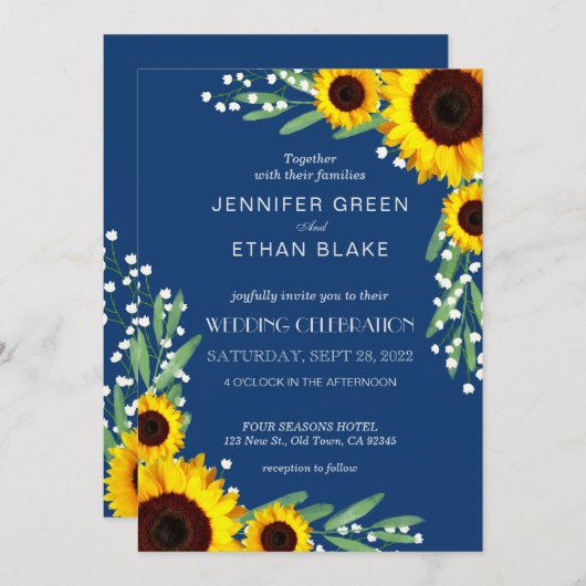 Navy Blue Rustic Sunflower Wedding Invitations Kaart (Voorkant / Achterkant)