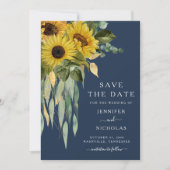 Navy Blue Rustic Sunflower Wedding Save The Date (Voorkant)