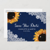 Navy Blue Rustic Sunflower Wedding Save the Date Aankondigingskaart (Voorkant / Achterkant)