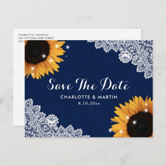 Navy Blue Rustic Sunflower Wedding Save the Date Aankondigingskaart (Voorkant / Achterkant)
