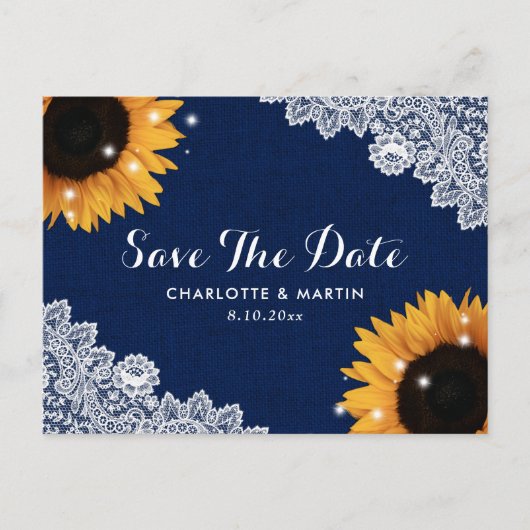Navy Blue Rustic Sunflower Wedding Save the Date Aankondigingskaart (Voorkant)