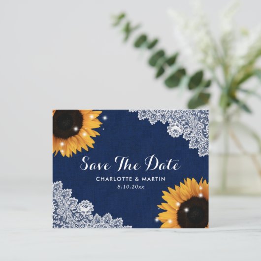 Navy Blue Rustic Sunflower Wedding Save the Date Aankondigingskaart (Staand voorkant)