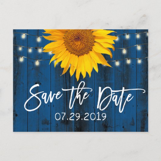 Navy Blue Rustic Sunflower Wedding Save the Date Aankondigingskaart (Voorkant)