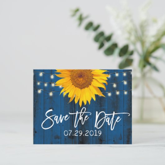 Navy Blue Rustic Sunflower Wedding Save the Date Aankondigingskaart (Staand voorkant)