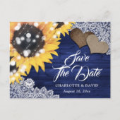 Navy Blue Rustic Sunflower Wedding Save the Date Aankondigingskaart (Voorkant)