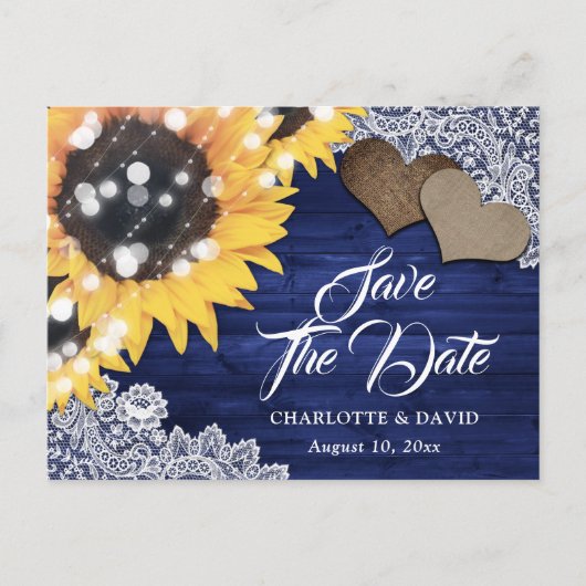 Navy Blue Rustic Sunflower Wedding Save the Date Aankondigingskaart (Voorkant)