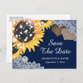 Navy Blue Rustic Sunflower Wedding Save the Date Aankondigingskaart (Voorkant / Achterkant)