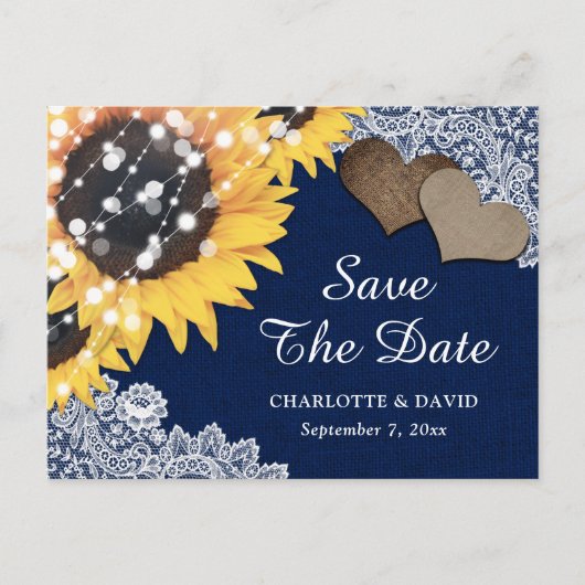 Navy Blue Rustic Sunflower Wedding Save the Date Aankondigingskaart (Voorkant)