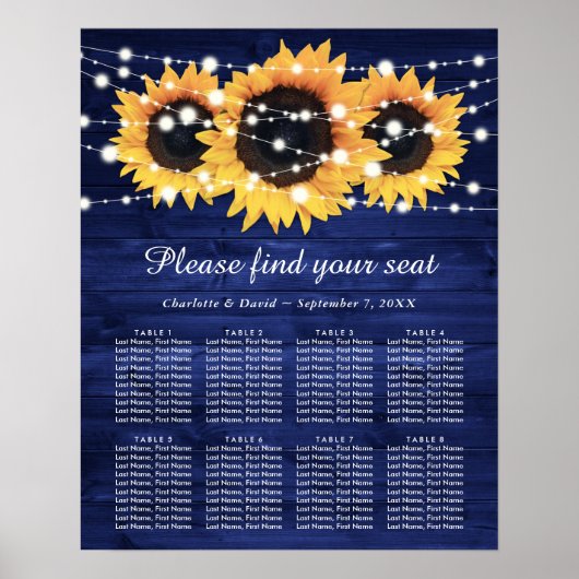 Navy Blue Rustic Sunflower Wedding Seating Chart 8 Poster (Voorkant)
