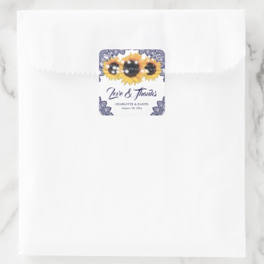 Navy Blue Rustic Sunflower Wedding Thank You Vierkante Sticker (Tas)