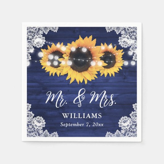 Navy Blue Rustic Sunflower Wood huwelijk Servet (Voorkant)