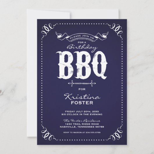 Navy Blue Rustic verjaardagsfeestje BBQ Kaart (Voorkant)