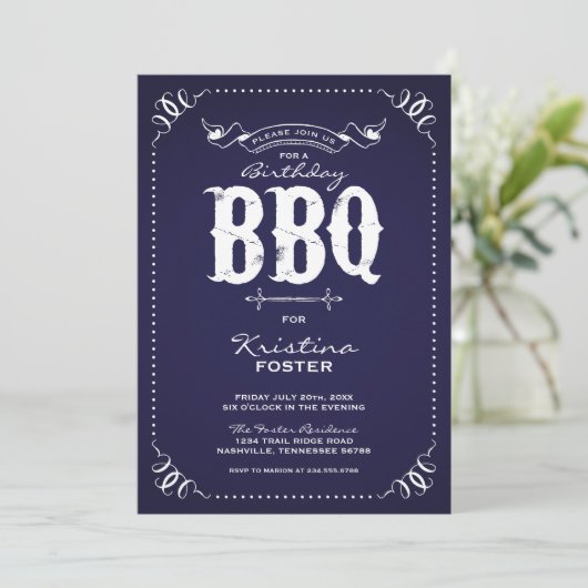 Navy Blue Rustic verjaardagsfeestje BBQ Kaart (Staand voorkant)