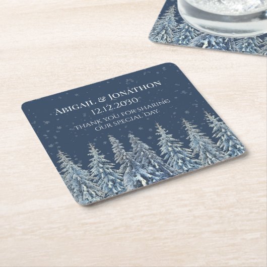 Navy Blue Rustic Winter Forest Wedding Kartonnen Onderzetters (Schuin)