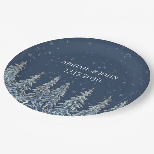 Navy Blue Rustic Winter Forest Wedding Papieren Bordje (Gekanteld)