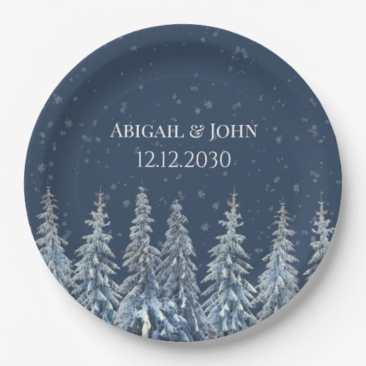 Navy Blue Rustic Winter Forest Wedding Papieren Bordje (Voorkant)