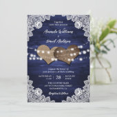 Navy Blue Rustic Wood Burlap Lights Wedding Kaart (Staand voorkant)