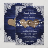 Navy Blue Rustic Wood Burlap Lights Wedding Kaart (Voorkant / Achterkant)