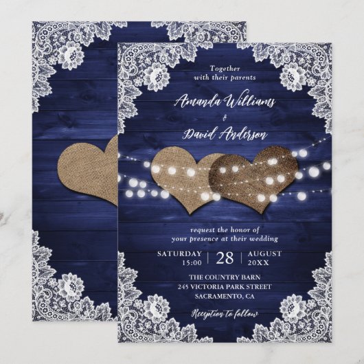 Navy Blue Rustic Wood Burlap Lights Wedding Kaart (Voorkant / Achterkant)