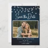 Navy Blue Rustic Wood Foto's Save the Date Kaart (Voorkant)