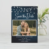 Navy Blue Rustic Wood Foto's Save the Date Kaart (Staand voorkant)