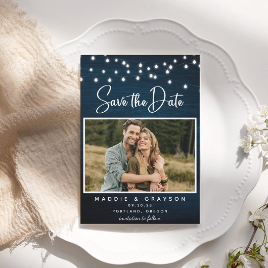 Navy Blue Rustic Wood Foto's Save the Date Kaart