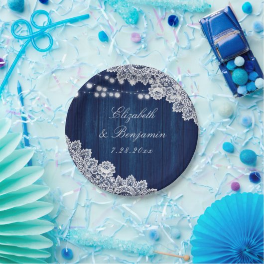 Navy Blue Rustic Wood Lace String Lights Papieren Bordje (Feest)