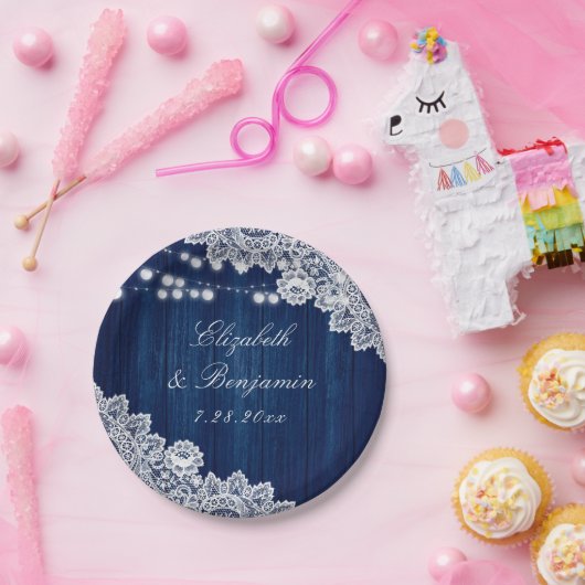 Navy Blue Rustic Wood Lace String Lights Papieren Bordje (Feest)