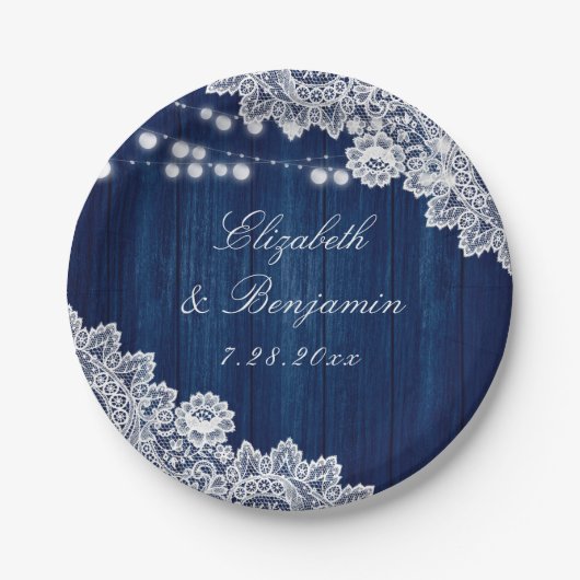 Navy Blue Rustic Wood Lace String Lights Papieren Bordje (Voorkant)