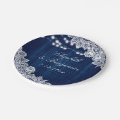 Navy Blue Rustic Wood Lace String Lights Papieren Bordje (Gekanteld)