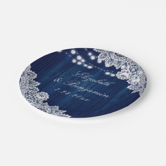 Navy Blue Rustic Wood Lace String Lights Papieren Bordje (Gekanteld)