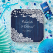 Navy Blue Rustic Wood Lace String Lights Wedding Papieren Bordje (Feest)