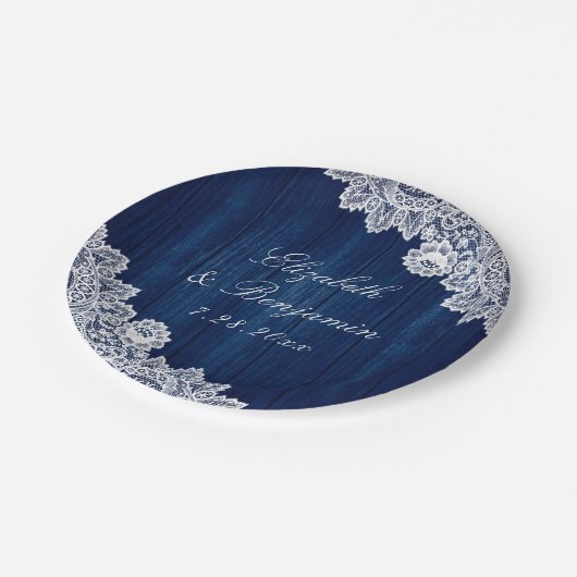Navy Blue Rustic Wood Lace String Lights Wedding Papieren Bordje (Gekanteld)