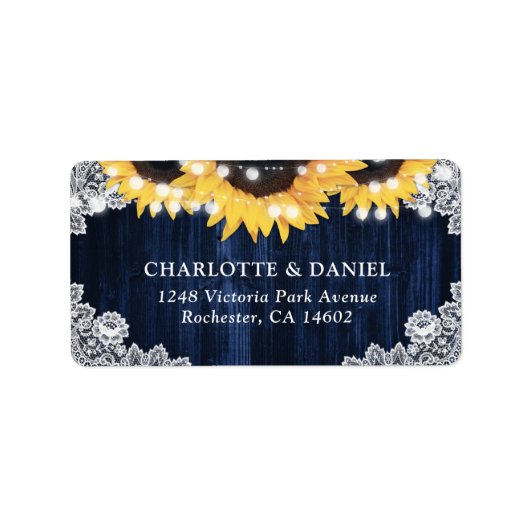 Navy Blue Rustic Wood Lace Sunflower Address Etiket (Voorkant)
