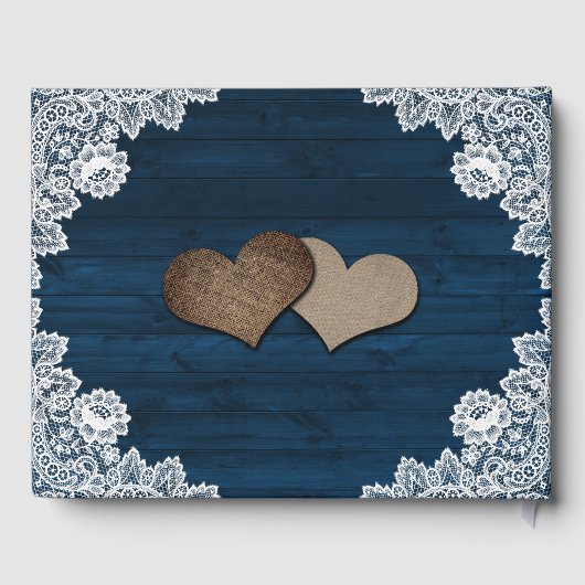 Navy Blue Rustic Wood Lace Sunflower Weddenschap Gastenboek (Achterkant)