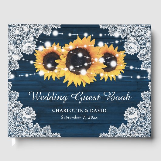 Navy Blue Rustic Wood Lace Sunflower Weddenschap Gastenboek (Voorkant)
