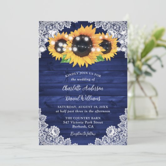 Navy Blue Rustic Wood Lace Sunflower Weddenschap Kaart (Staand voorkant)