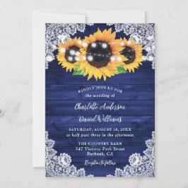 Navy Blue Rustic Wood Lace Sunflower Weddenschap Kaart