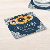 Navy Blue Rustic Wood Lace Sunflower Weddenschap Kartonnen Onderzetters (Schuin)