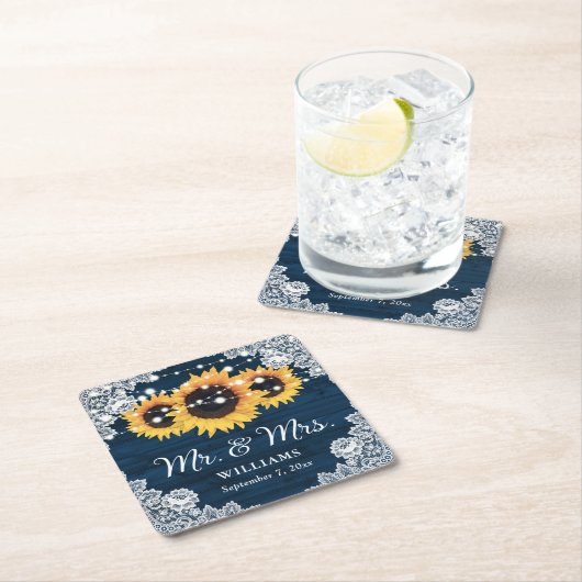 Navy Blue Rustic Wood Lace Sunflower Weddenschap Kartonnen Onderzetters (Insitu)