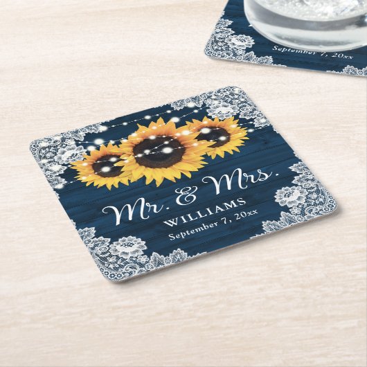 Navy Blue Rustic Wood Lace Sunflower Weddenschap Kartonnen Onderzetters (Schuin)