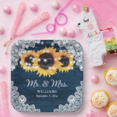 Navy Blue Rustic Wood Lace Sunflower Weddenschap Papieren Bordje (Feest)