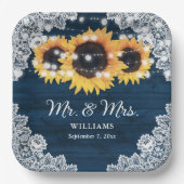Navy Blue Rustic Wood Lace Sunflower Weddenschap Papieren Bordje (Voorkant)