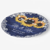 Navy Blue Rustic Wood Lace Sunflower Weddenschap Papieren Bordje (Gekanteld)