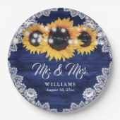 Navy Blue Rustic Wood Lace Sunflower Weddenschap Papieren Bordje (Voorkant)