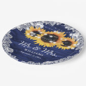 Navy Blue Rustic Wood Lace Sunflower Weddenschap Papieren Bordje (Gekanteld)